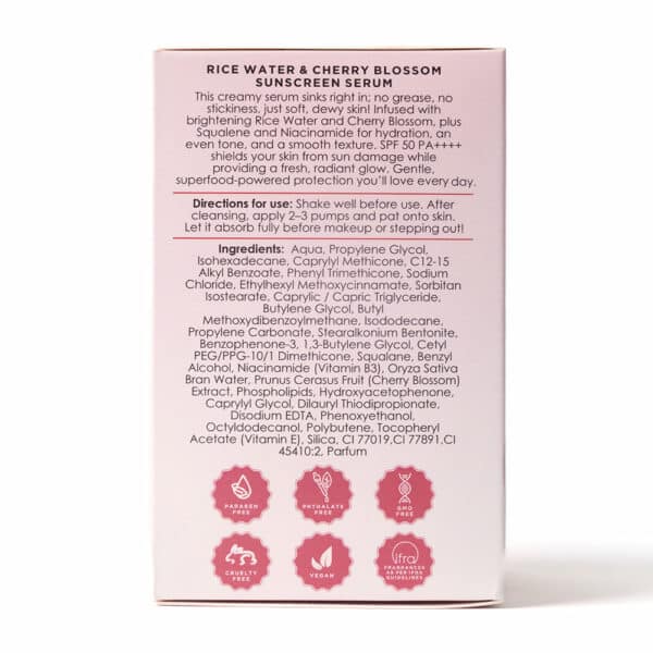 Rice Water & Cherry Blossom Sunscreen Serum box details